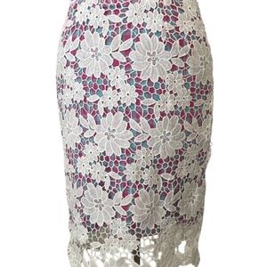 Storets Pink and Blue Plaid Pencil Skirt with Crochet Lace Overlay • Size S 🗣